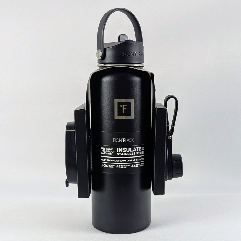 Iron Flask Stainless Steel 3 Lids Leak Proof Insulated Wide Mouth 40 oz. Black